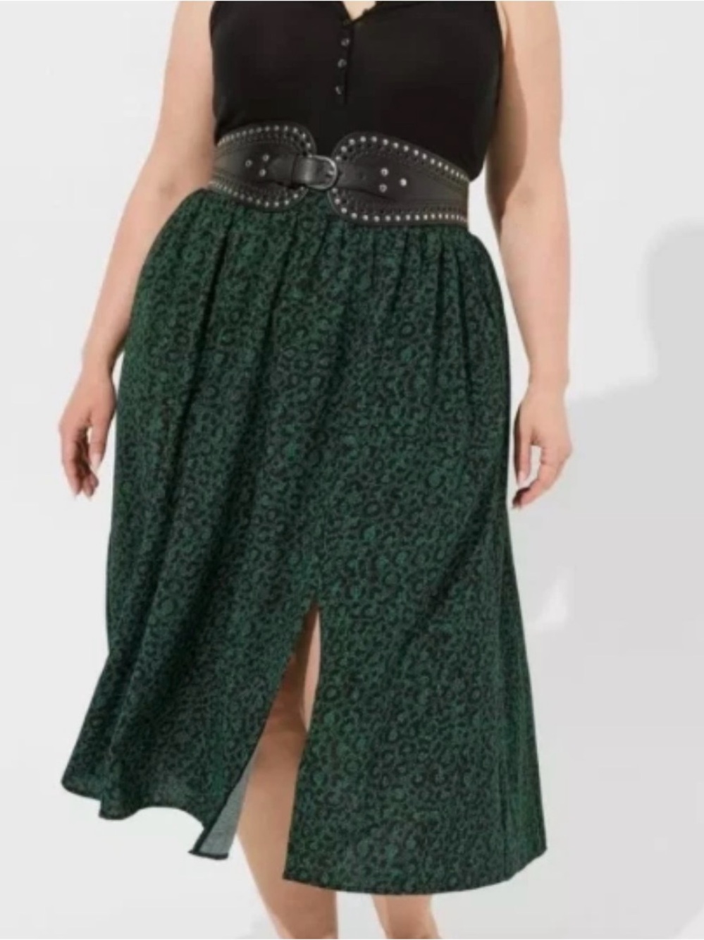 Torrid Green & Black Leopard Printed Midi Skirt with Side Slit